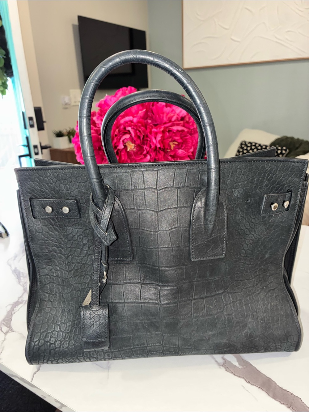 Saint Laurent Sac de Jour tote in black crocodile-embossed